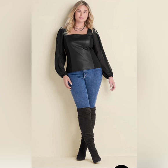 Black Faux leather mesh long sleeve top women - Picture 2 of 4